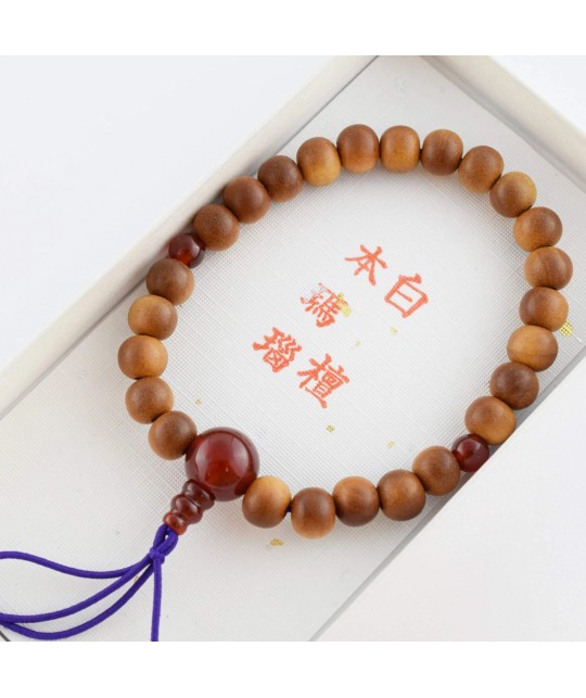 Bracelet en bois de santal indien et agate rouge de 8 mm
