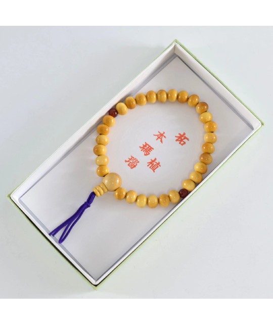 Bracelet en bois de Buis Tsuge et agate rouge de 7 mm